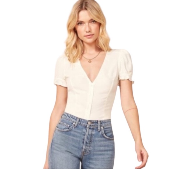 Reformation Allegra Button Up Top with Puff Sleeves White Blouse - Picture 2 of 9